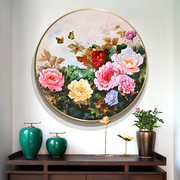 手绘油画新中式玄关装饰画圆形餐厅挂画客厅卧室壁画牡丹花开富贵