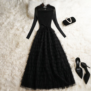 赫本风小黑裙秋冬法式高级感长款蓬蓬长裙黑色女层层蛋糕裙连衣裙