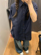性价比chao好藏青色轻薄宽松衬衫，女设计感卷边袖独特衬衣外套