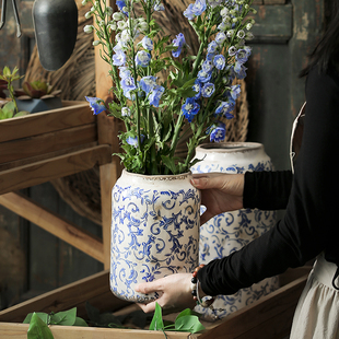 复古新中式古典陶瓷花瓶，摆件客厅插花创意，仿青花瓷柿子石榴富贵竹