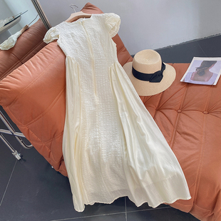 杏色雪纺拼接设计短袖连衣裙圆领，淑女气质长裙时尚休闲洋气g$28