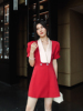 复古法式高端名媛气质红色翻领泡泡，袖设计感修身西装短连衣裙女夏