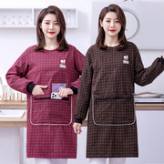 时尚女棉布罩衣家用厨房做饭长袖围裙格子干活防污耐脏带袖工作服