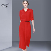 帝柔夏季欧美时五分袖红色遮肚衬衫连衣裙中长裙修身显瘦裙子