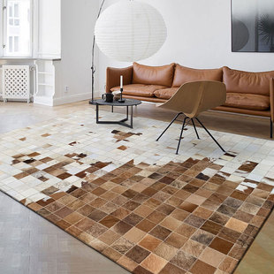 现代轻奢风格牛皮地毯拼接家用美式北欧简约客厅茶几垫卧室床边毯