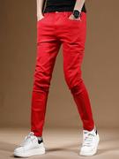 品牌男士休闲牛仔裤夏季薄款红色裤子潮牌大红色修身小0512k