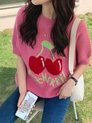 针织衫短袖t恤毛衣女装2022春韩版宽松草莓樱桃提花洋气上衣