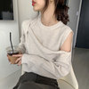 韩国chic秋季小众圆领不规则假两件露肩设计感长袖套头针织衫毛衣