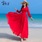 夏季红色雪纺长袖连衣裙女长款到脚踝2024年时尚修身超长裙子