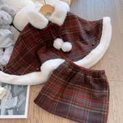 2024韩版女童圣诞红格子毛呢斗篷短外套冬季外套半裙两件套潮