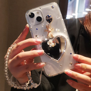 适用苹果14手机壳创意爱心镜子iPhone14promax透明带钻保护套14pro女款轻奢时尚14plus全包外壳水晶手链
