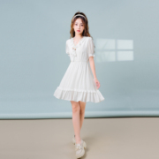 文艺短袖白色连衣裙女2023夏季波(夏季波)西米亚风雪纺小个子公主短裙