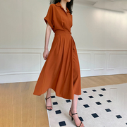wangxo橘色衬衫连衣裙女2023夏季法式气质，v领收腰显瘦中长裙