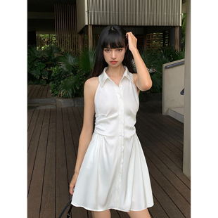 nevahu白色法式收腰衬衫，连衣裙女夏季高级感修身露肩小个子短裙
