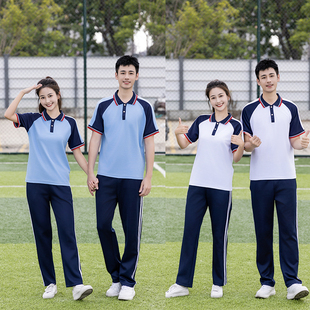 初中学生校服套装棉蓝色短袖蓝白T恤高中生班服小学生运动服夏装