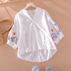 中国风刺绣花衬衫女套头v领文艺，范中袖上衣设计感小众纯棉白衬衣(白衬衣)