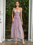 紫色抹胸露肩蕾丝连衣裙女法式高级感气质名媛收腰显瘦长裙