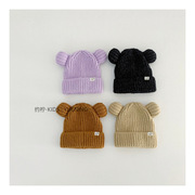 韩版儿童针织帽可爱双球宝宝毛线套头帽简约笑脸小标冬季保暖