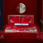 新婚庆(新婚庆)床上用品，大红色全棉贡缎四件套婚礼，喜庆床品六件套结婚被套
