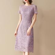 2024大码高档夏季时尚修身显瘦浅紫色蕾丝A字连衣裙中长款