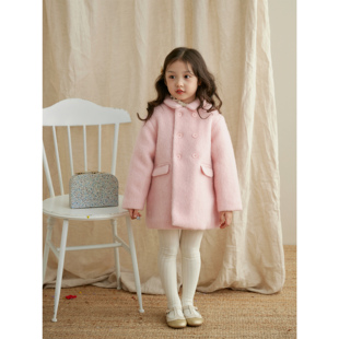 sonnykids女童双排扣呢大衣，气质粉色羊毛中长外套，娃娃领呢子大衣