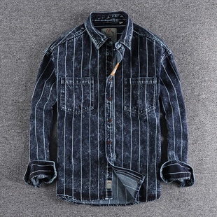 美式复古竖条纹牛仔衬衫，男雪花做旧水洗工艺，厚实宽松衬衣休闲外套