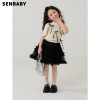 senbaby女童短袖t恤儿童，夏装套装裙女孩蝴蝶结，针织上衣+黑纱半裙