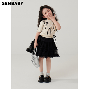 senbaby女童短袖t恤儿童夏装，套装裙女孩蝴蝶结针织上衣+黑纱半裙