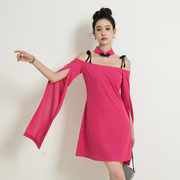 2023春夏新中式立领粉色连衣裙，女姜熠原创设计一字肩长袖开叉吊带