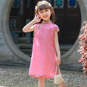 儿童旗袍纯色复古中国风连衣裙夏轻薄小女孩洋气天丝提花周岁汉服