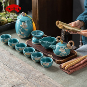 蓝霁釉日式功夫茶具套装茶壶，茶杯泡茶器，陶瓷茶具礼盒装送