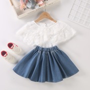 女童夏季蕾丝衬衫儿童薄款短袖t桖宝宝，白色上衣蓝色牛仔短裙套装