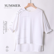 江南系列夏季白色纯棉短袖休闲上衣女宽松圆领灯笼袖T恤