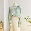 浅绿色飘带蝴蝶结缎面衬衫，女2024春设计感法式气质醋酸长袖上衣