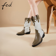 fed中筒靴冬季靴子加绒小众设计洋气粗跟瘦瘦靴女1108-ZFA367