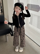 女童秋季套装2023宝宝洋气豹纹裤两件套韩版儿童开衫上衣童装