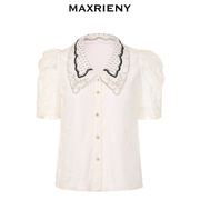 奥莱maxrieny夏季短袖t恤女潮蕾丝波点衬衫网纱泡泡，袖雪纺衫