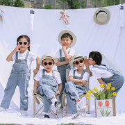 儿童浅蓝牛仔背带裤夏季棉T洋气幼儿园园服小学生合唱演出服