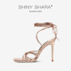 Shiny Shara/诗莎2024金色绑带高跟鞋方头细跟高跟凉鞋女夏季