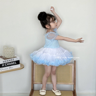 女童蓝色网纱tutu裙连衣裙，2024夏季女孩蓬蓬公主，裙生日表演裙
