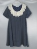 vintage古着90年代日本藏青色波点圆领a型，短袖中长款连衣裙