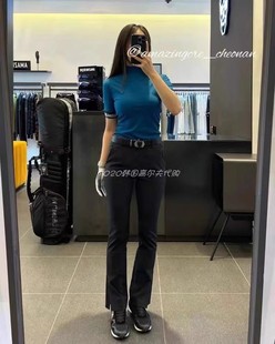 韩国高尔夫女士套装高腰速干弹力黑白色喇叭长裤户外运动高领短袖