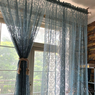 复古蓝色美式成品窗帘 客厅阳台飘窗地中海窗纱帘 欧式蕾丝门帘