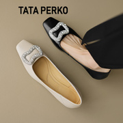 TATA PERKO联名踩脚两穿法式优雅水钻方扣尖头高跟鞋女真皮浅口鞋