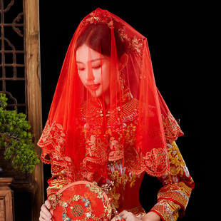 新娘红盖头结婚苏绣半透明网纱头纱，红色秀禾服喜帕，中式婚礼蒙头巾