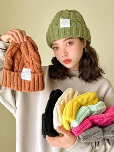 日系学生粗线针织帽女秋冬ins百搭大头围时尚加厚保暖糖果色冷帽