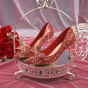 秀禾服婚鞋女优雅高级感法式尖头细跟单鞋中式新娘红色高跟鞋