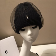 毛线帽女黑色针织帽网纱兔子百搭气质潮帽子冬保暖优雅韩国潮