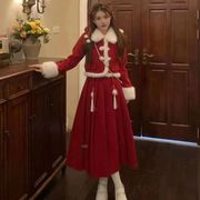 红色圣诞套装新年战袍圣诞节秋冬连衣裙外套，两件套半身裙夹棉