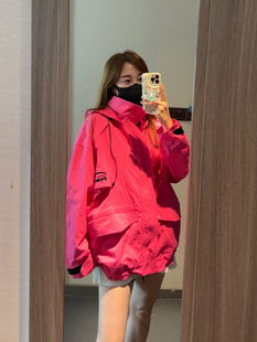 韩国2024春冬季玫红色宽松刺绣帅气冲锋衣加绒棉服外套